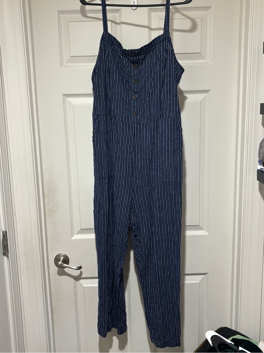 Old Navy Navy and White Striped Button-Front Jumpsuit